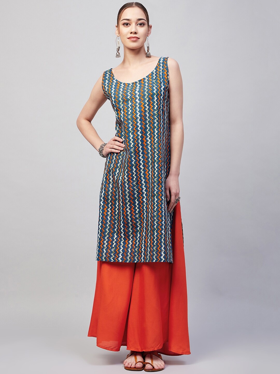 

InWeave Chevron Printed Pure Cotton Kurta with Palazzos, Blue