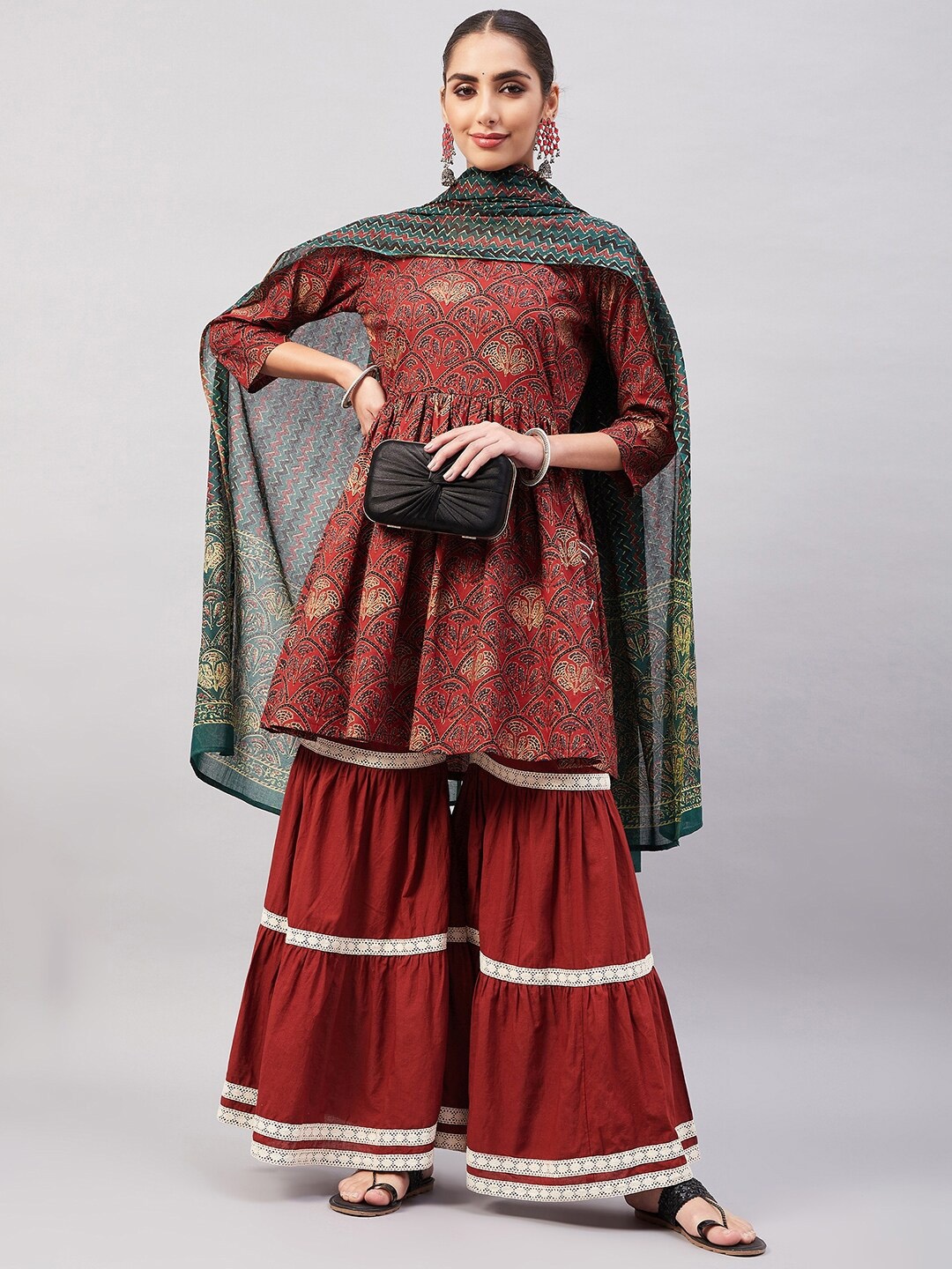 

InWeave Ethnic Motifs Printed Pure Cotton Kurta with Sharara & Dupatta, Rust