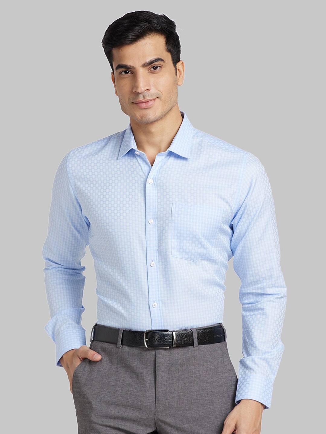 

Park Avenue Micro Checks Printed Slim Fit Cotton Formal Shirt, Blue