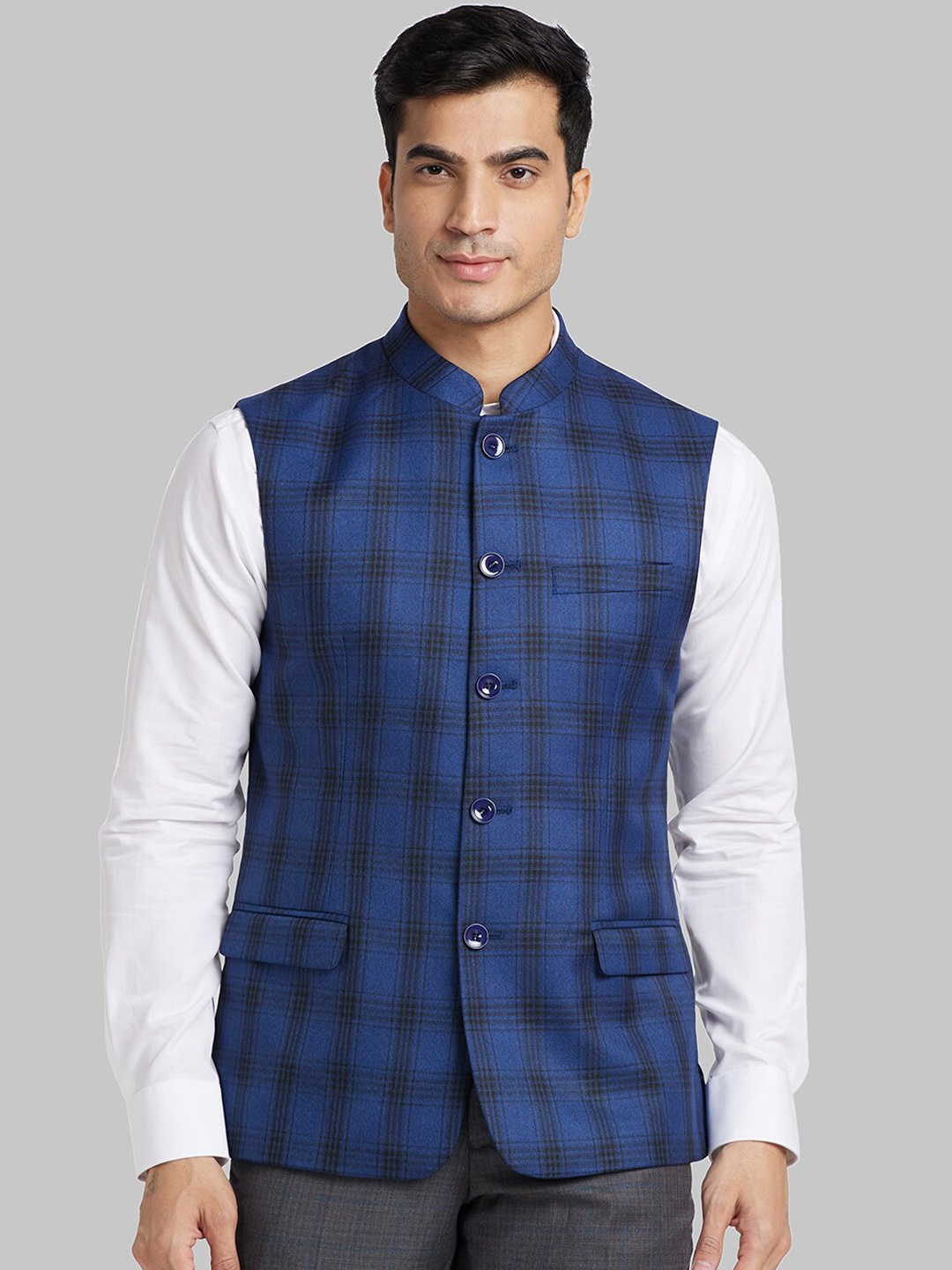 

Park Avenue Checked Mandarin Collar Nehru Jackets, Blue