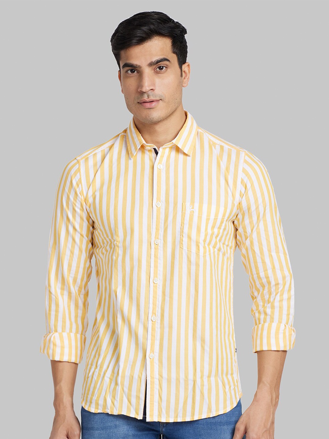 

Parx Long Sleeves Patch Pocket Slim Fit Striped Casual Cotton Shirt, Yellow