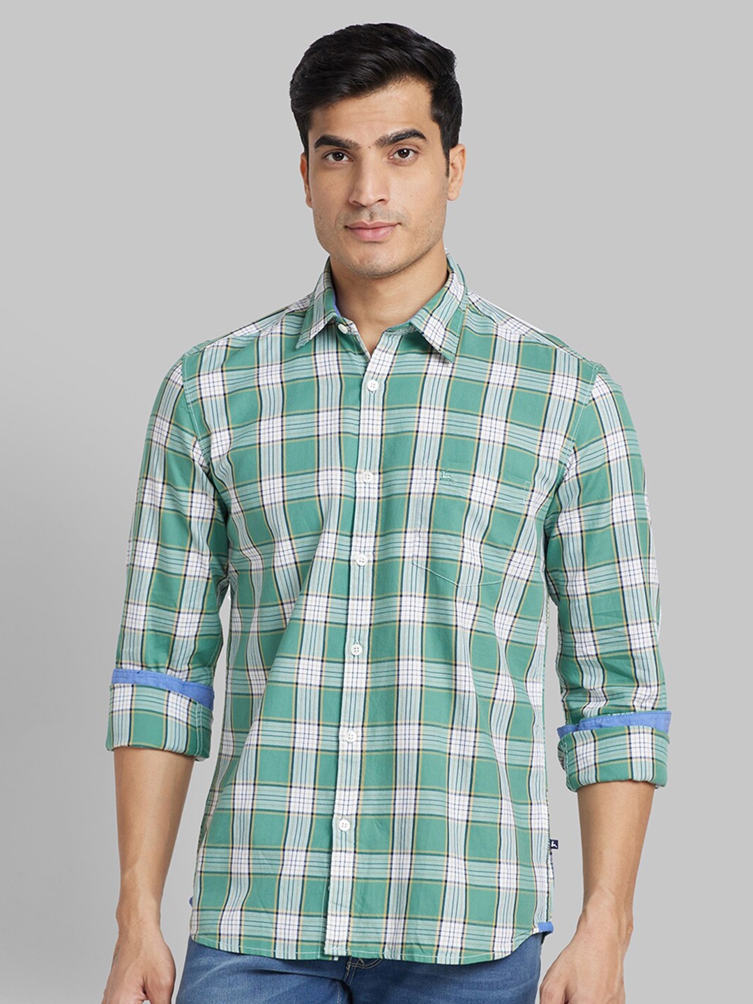 

Parx Slim Fit Tartan Checked Cotton Casual Shirt, Green