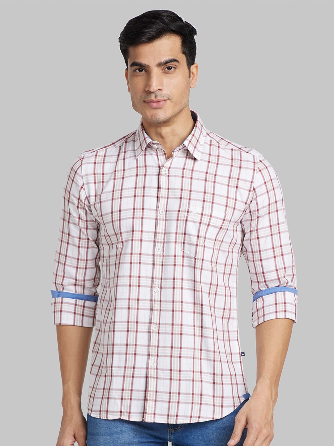 

Parx Spread Collar Slim Fit Checked Cotton Casual Shirt, Red