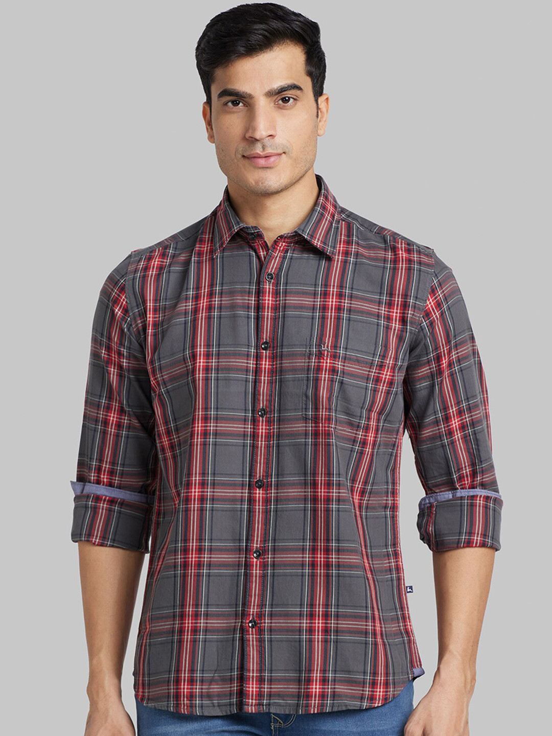 

Parx Slim Fit Tartan Checks Checked Cotton Casual Shirt, Grey
