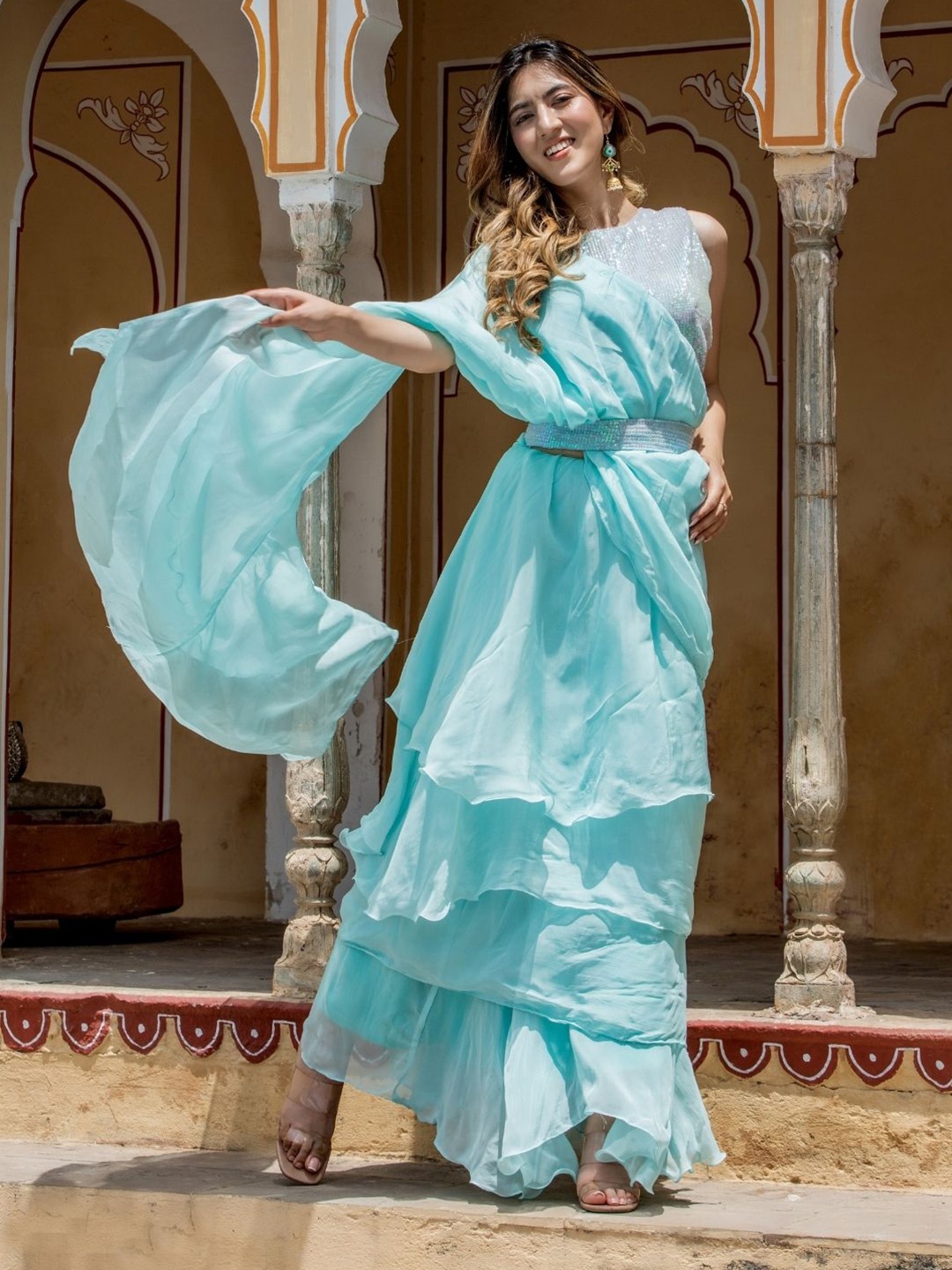 

HOUSE OF JAMOTI Ready To Wear Organza Saree, Turquoise blue