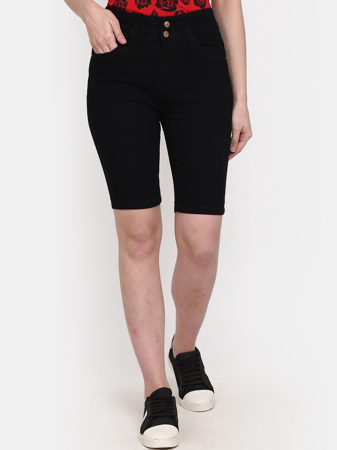 

V-Mart Women Mid-Rise Regular Fit Denim Shorts, Black
