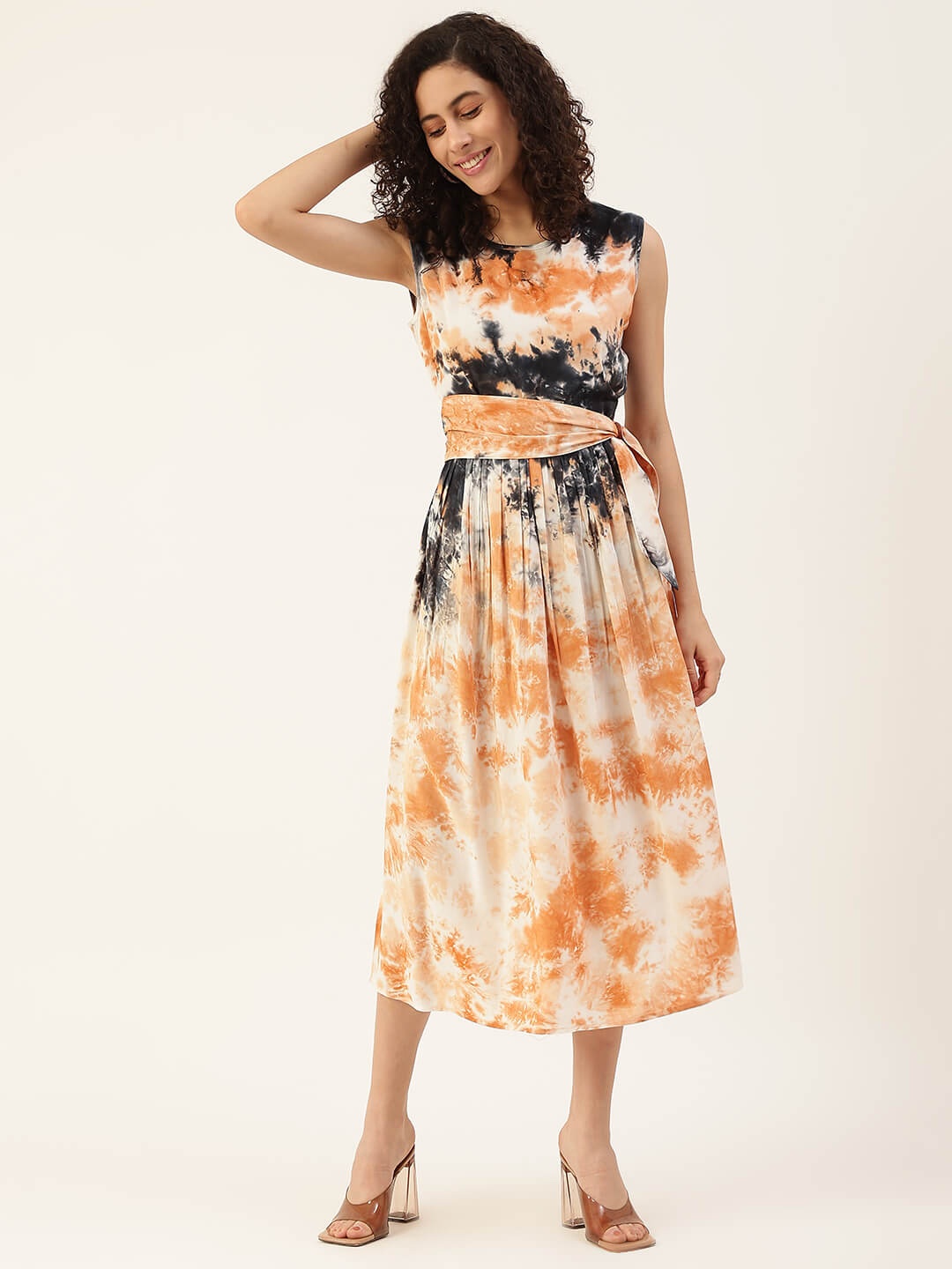

Maaesa Tie and Dye Dyed Sleeveless A-Line Midi Dress, Orange