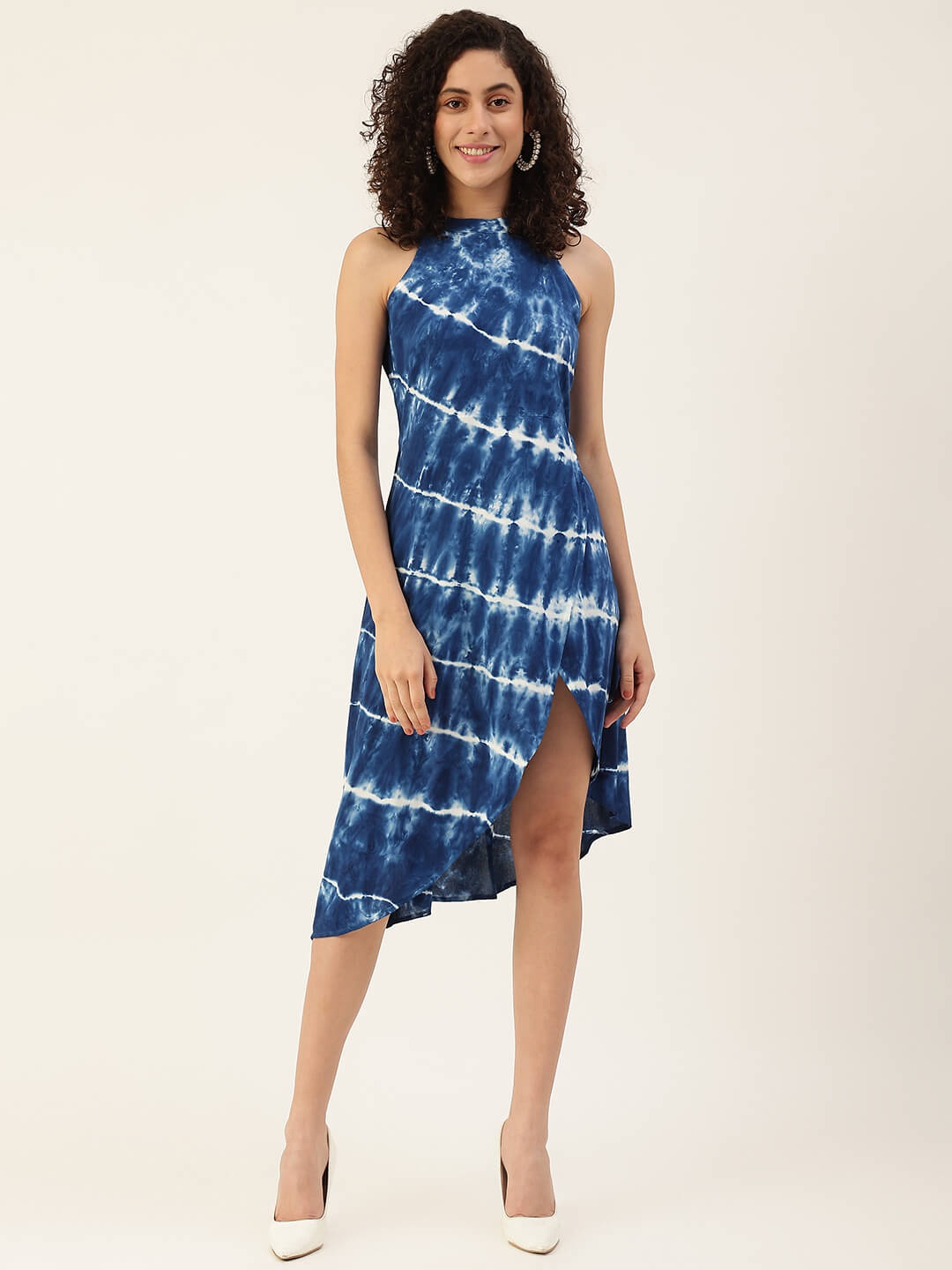 

Maaesa Tie and Dye Dyed Halter Neck Sleeveless A-Line Dress, Navy blue