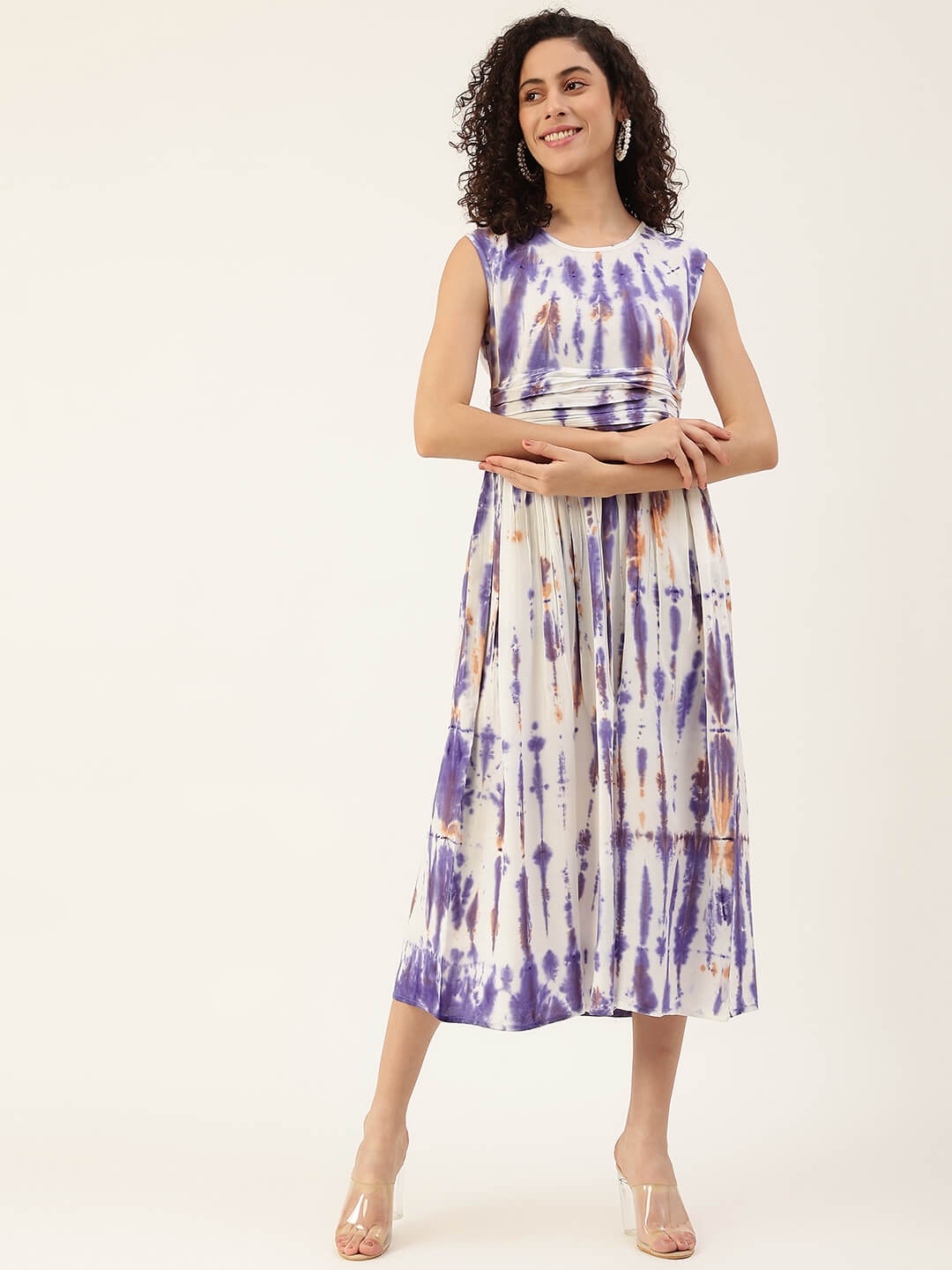 

Maaesa Tie and Dye Gathered A-Line Midi Dress, Purple