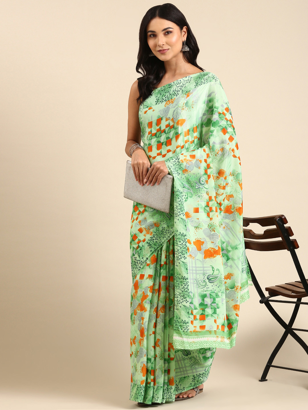 

HERE&NOW Floral Printed Pure Crepe Saree, Green