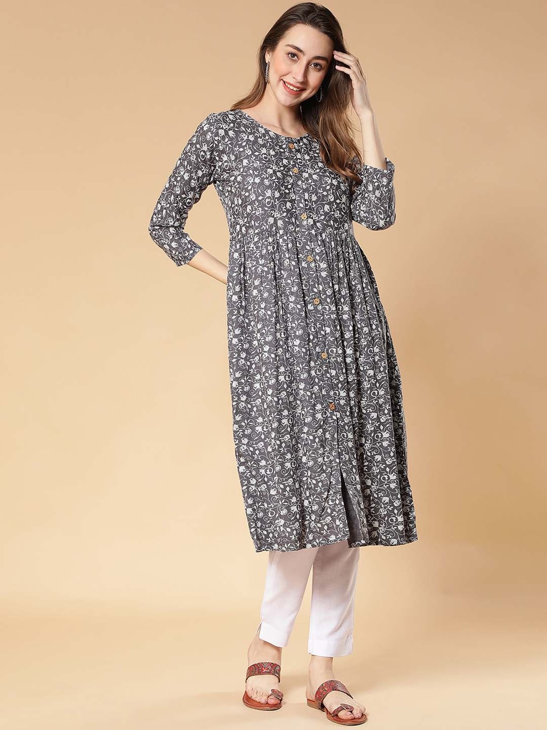 

Fabclub Ethnic Motifs Printed Front Slit A-Line Kurta with Trousers, Charcoal