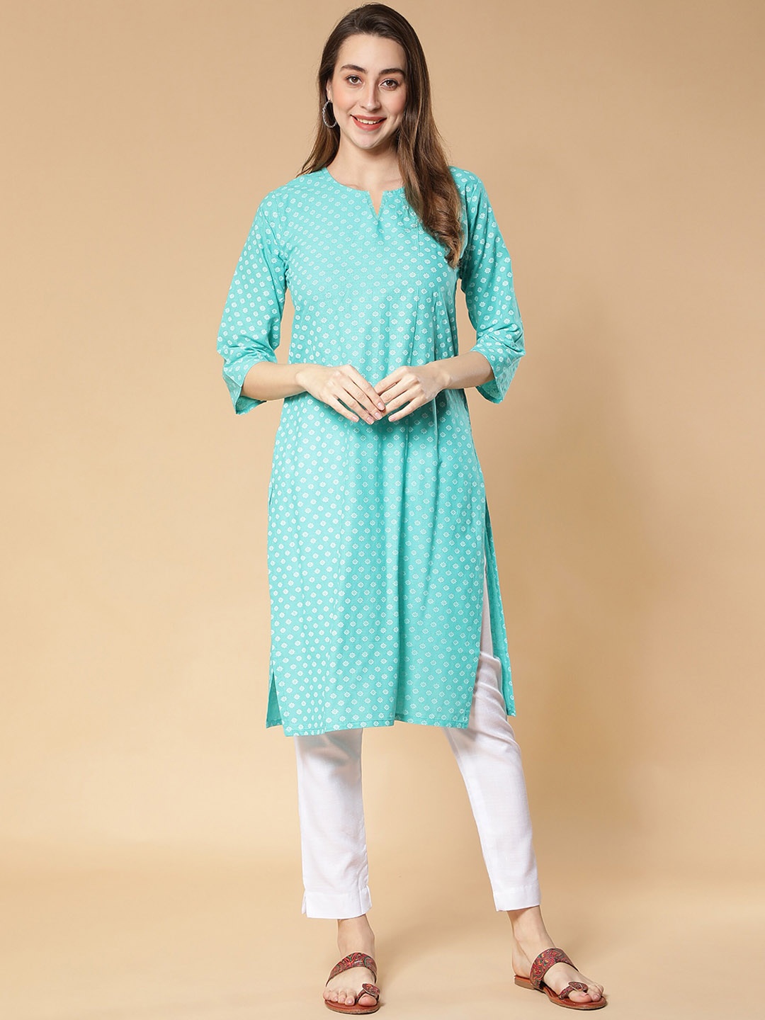 

Fabclub Ethnic Motifs Printed Pure Cotton Straight Kurta with Trousers, Turquoise blue
