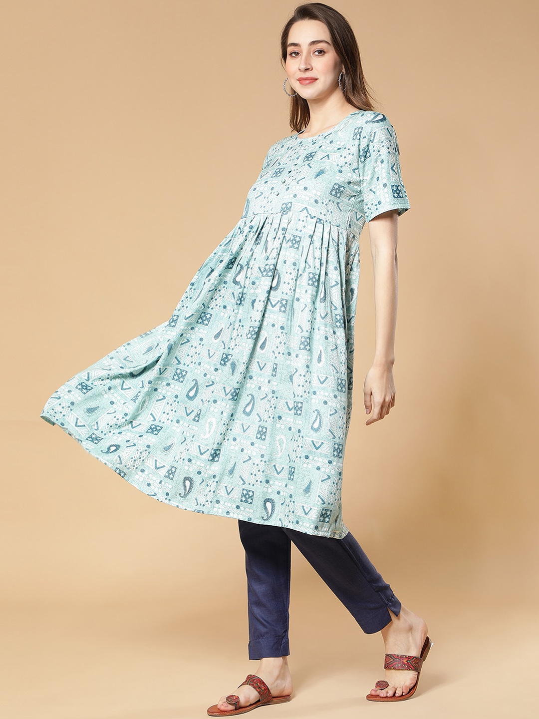 

Fabclub Ethnic Motifs Printed A-Line Kurta with Trousers, Blue