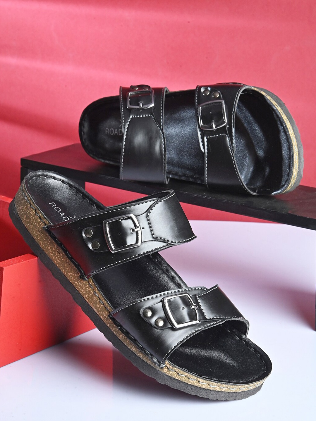 

The Roadster Lifestyle Co. Men Faux Leather Slip-On Comfort Sandals, Black