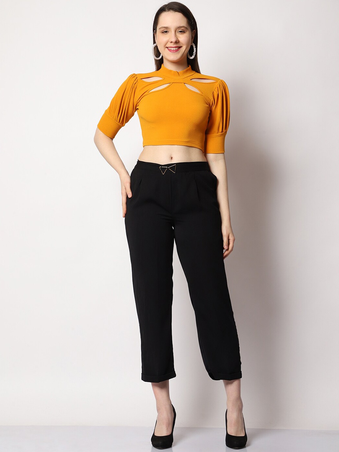 

Prettify Women Cut-Out Detail Crop Top With Trousers, Yellow