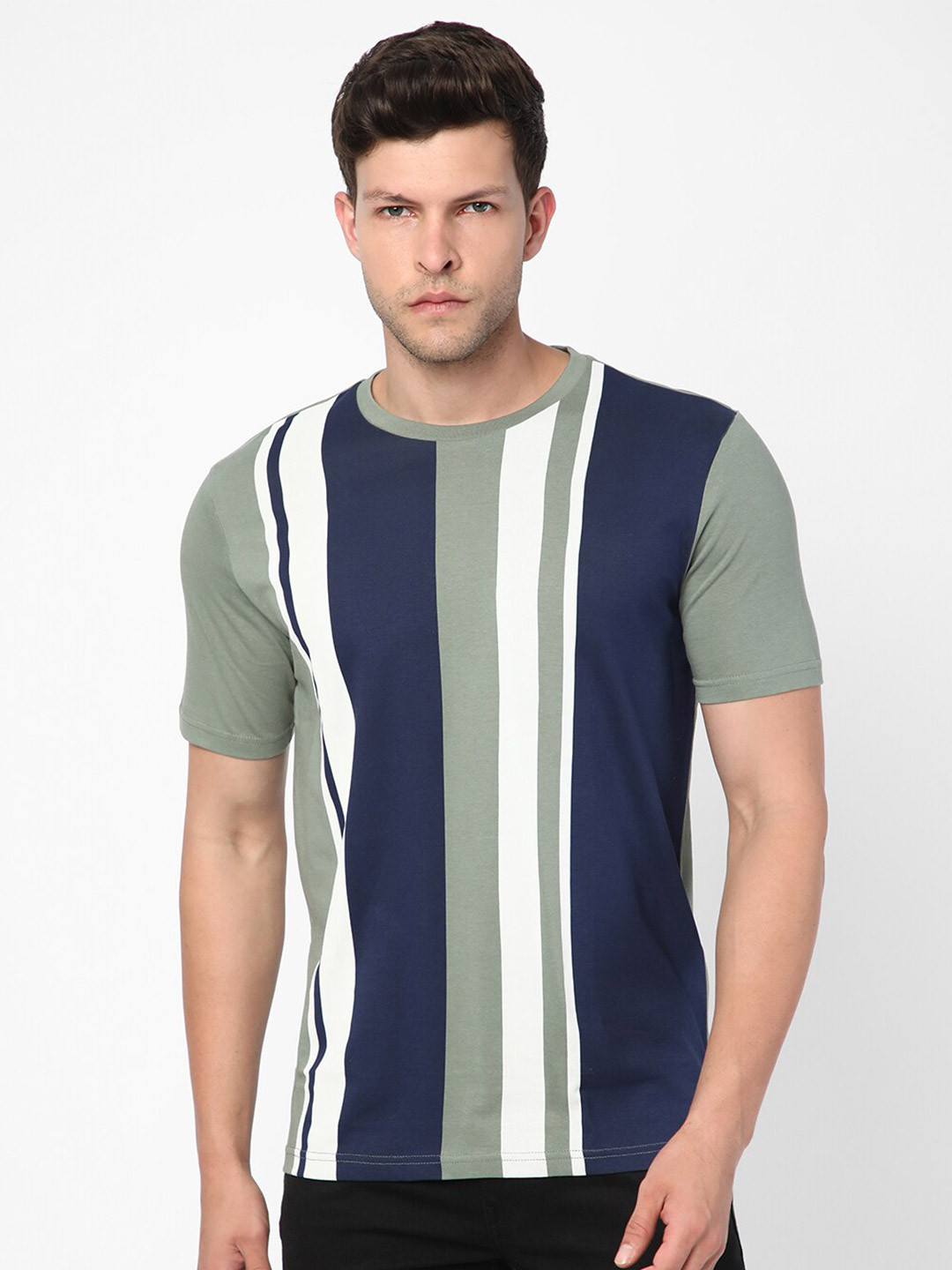 

R&B Striped Round Neck Cotton T-shirt, Green