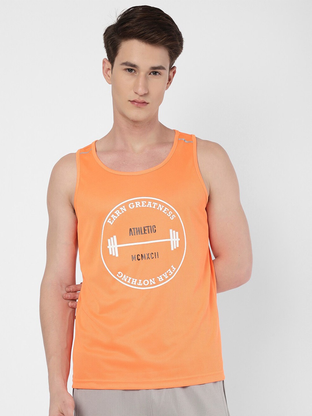 

R&B Men Typography Printed Sleeveless T-shirt, Orange