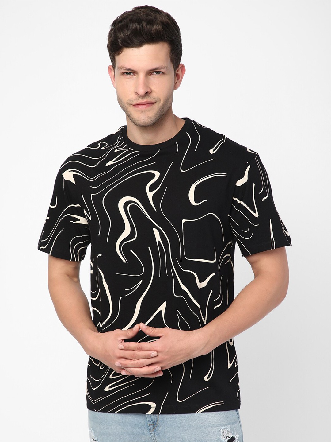 

R&B Abstract Printed Cotton T-shirt, Black