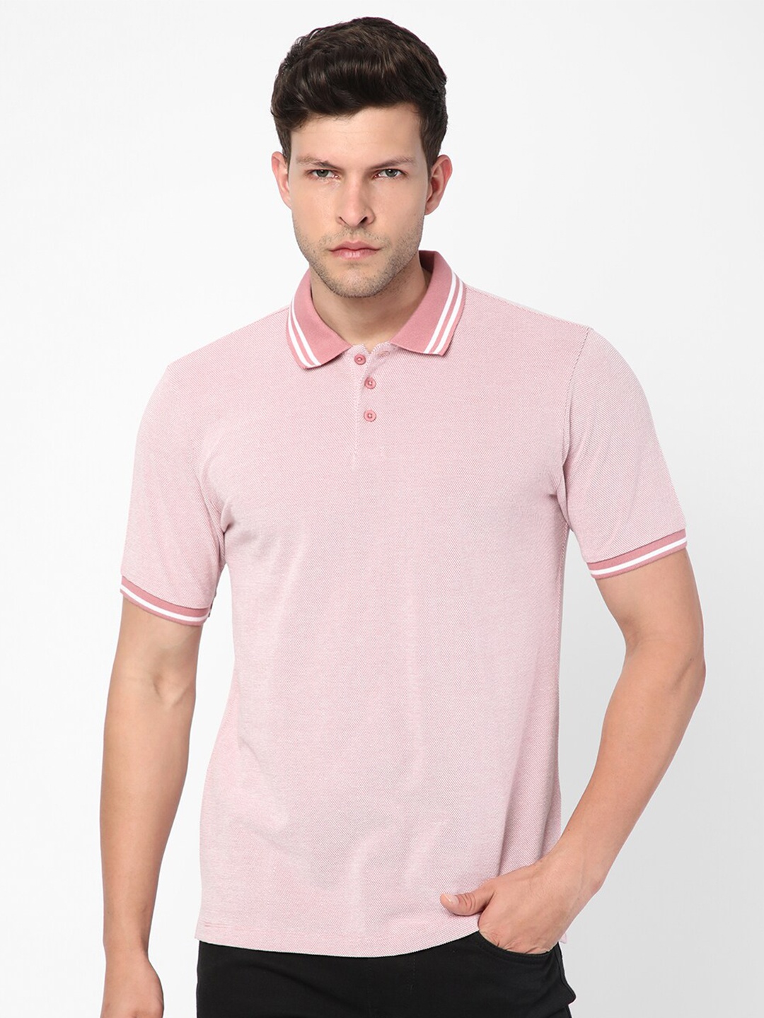 

R&B Men Striped Polo Collar Cotton T-shirt, Mauve