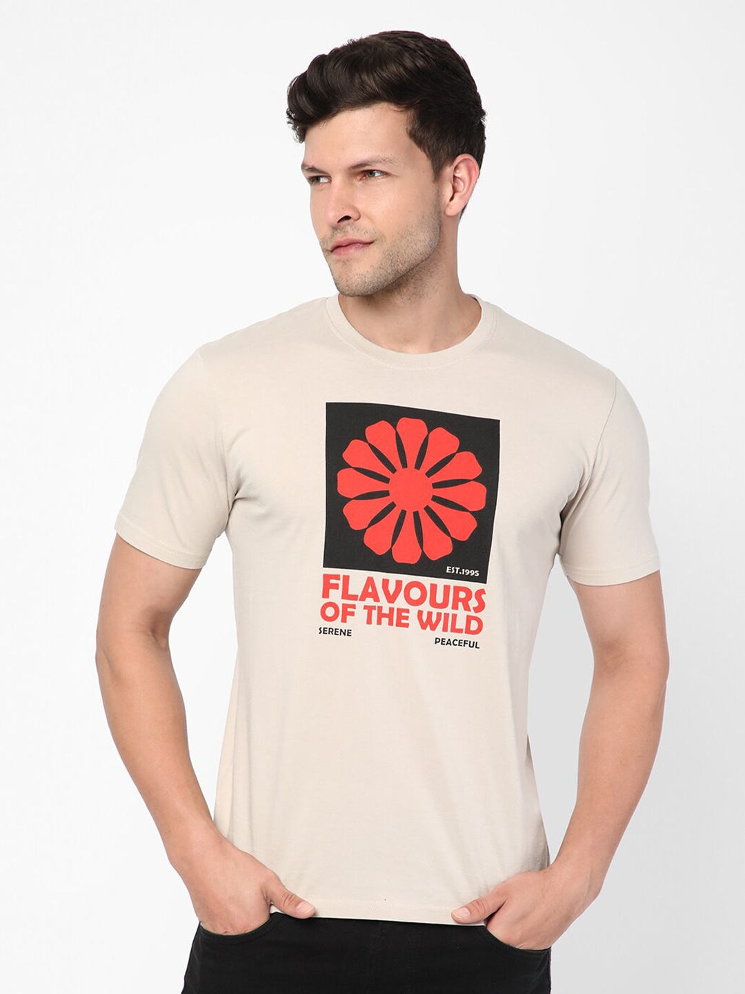 

R&B Men Beige Printed Cotton T-shirt
