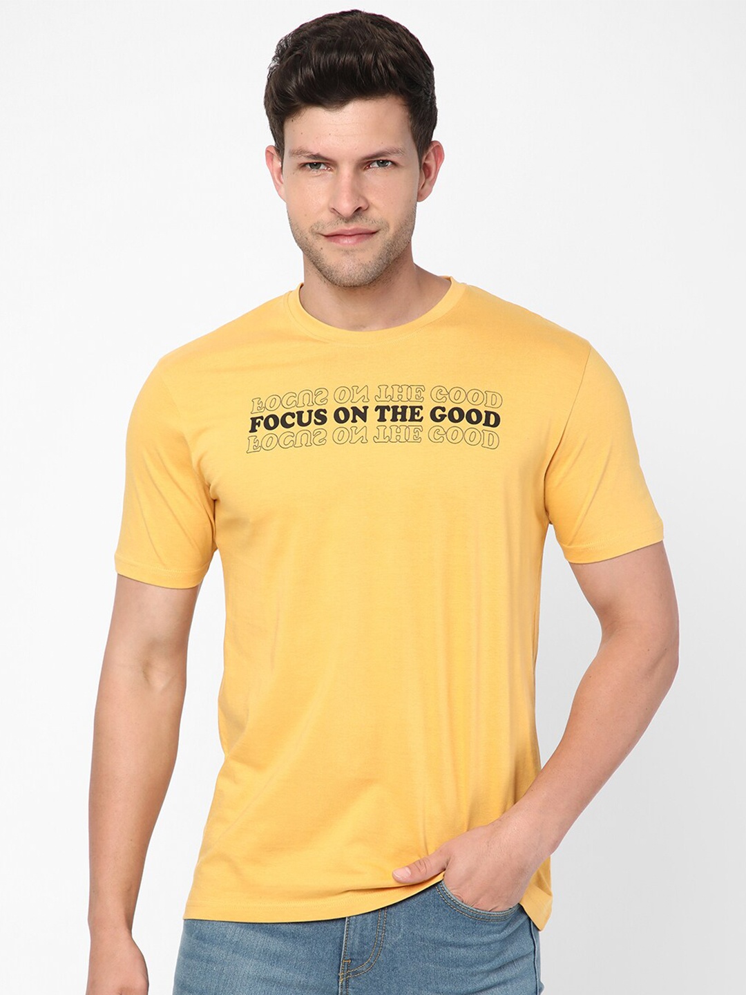 

R&B Men Yellow Typography Printed T-shirt