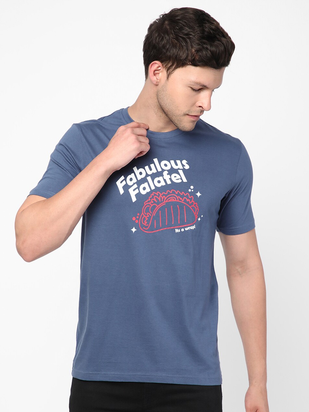 

R&B Round Neck Typography Printed Cotton T-shirt, Blue
