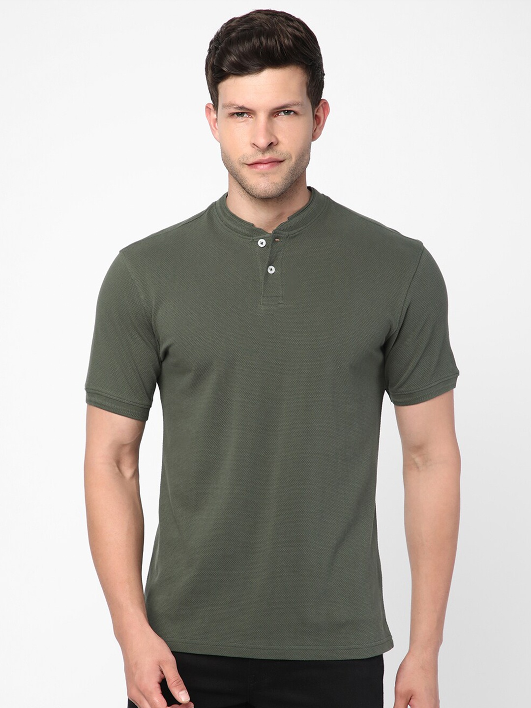 

R&B Mandarin Collar Slim Fit Cotton T-shirt, Olive