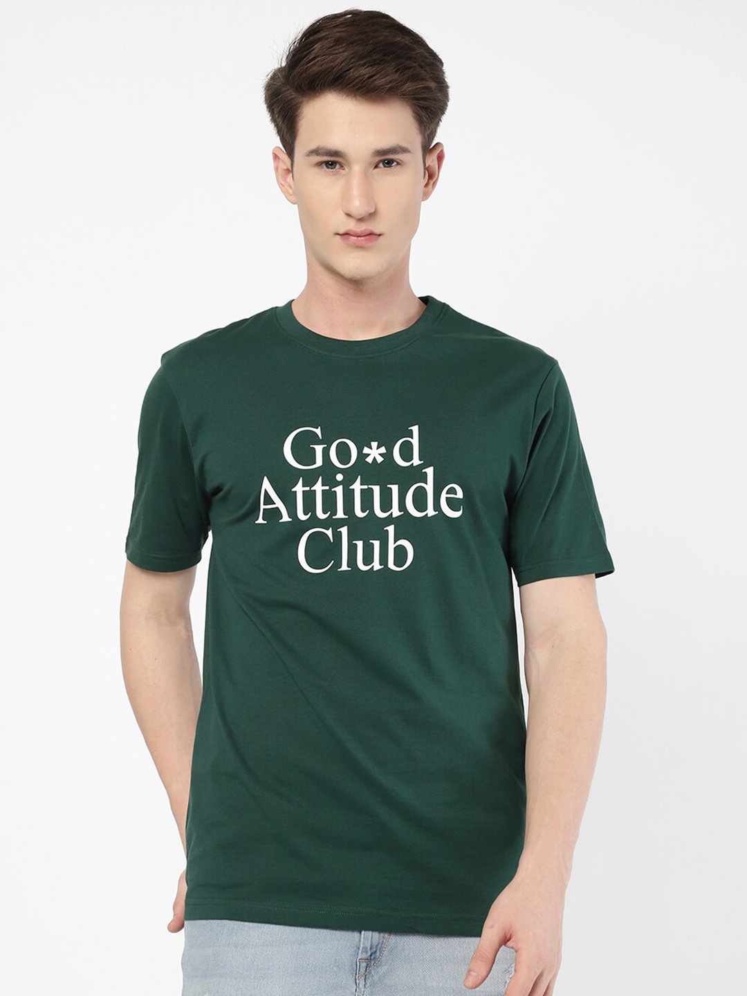 

R&B Round Neck Typography Printed Cotton T-shirt, Green
