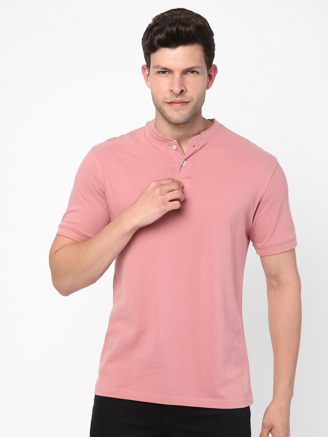 

R&B Henley Neck Slim Fit Cotton T-shirt, Peach