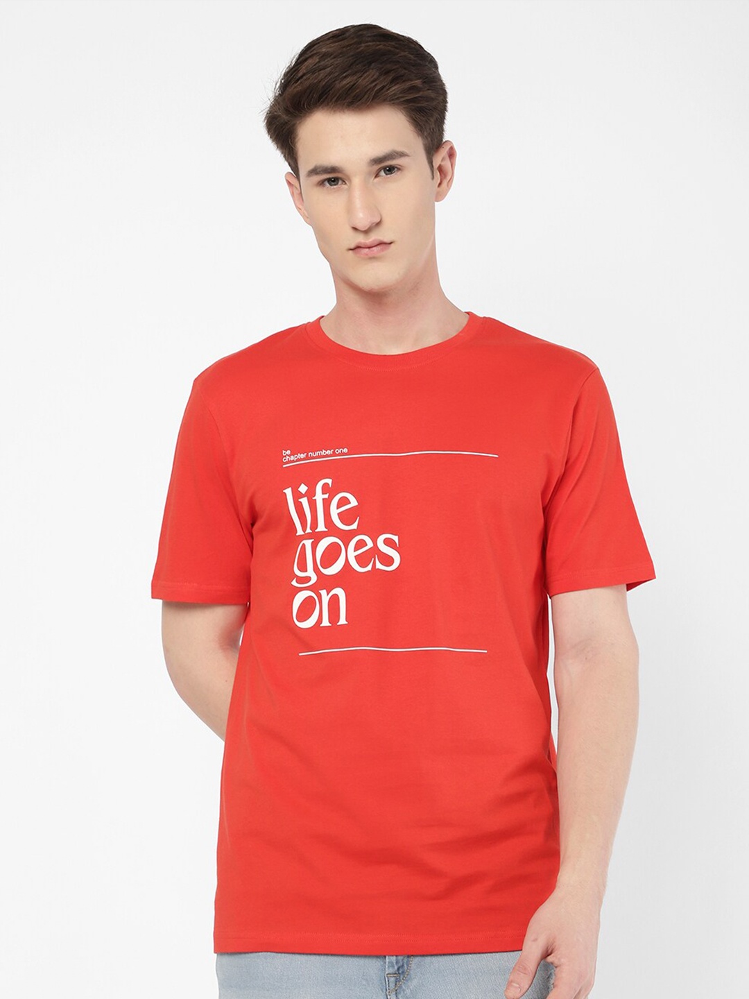 

R&B Round Neck Typography Printed Cotton T-shirt, Orange