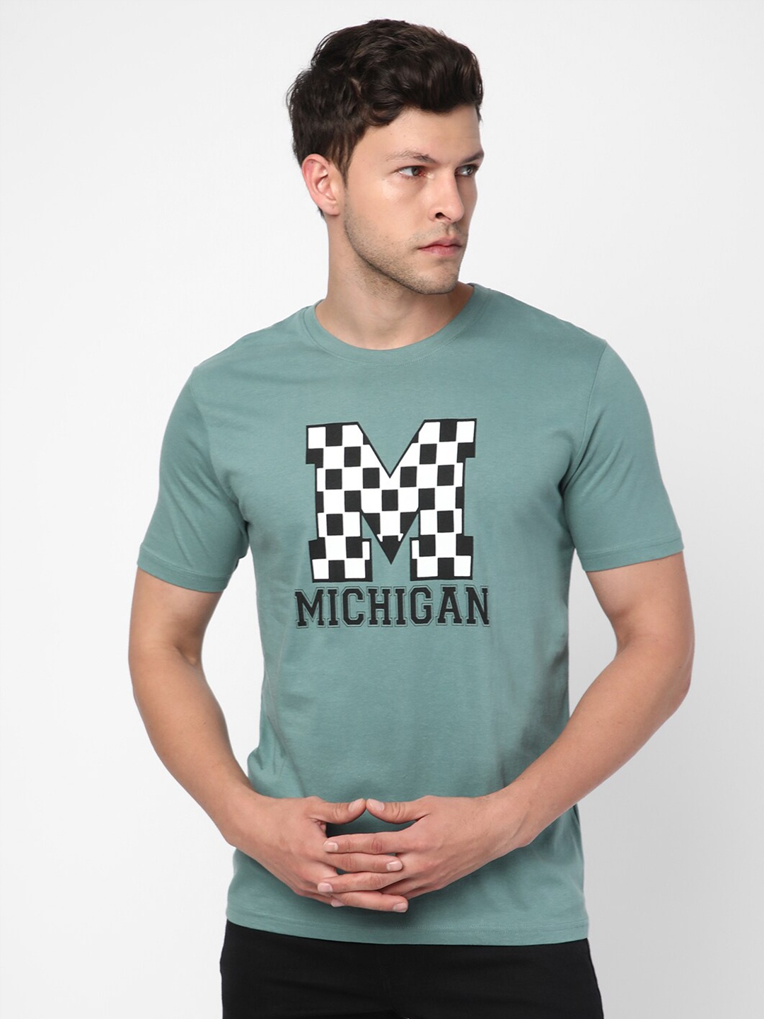 

R&B Typography Printed Cotton T-shirt, Green
