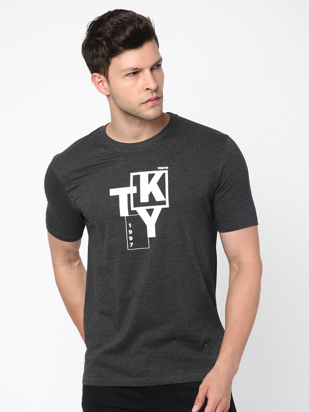 

R&B Typography Printed Cotton T-shirt, Charcoal