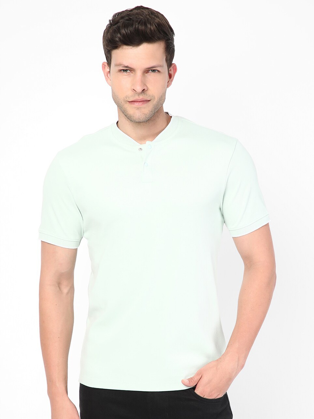 

R&B Henley Neck Slim Fit Cotton T-shirt, Green