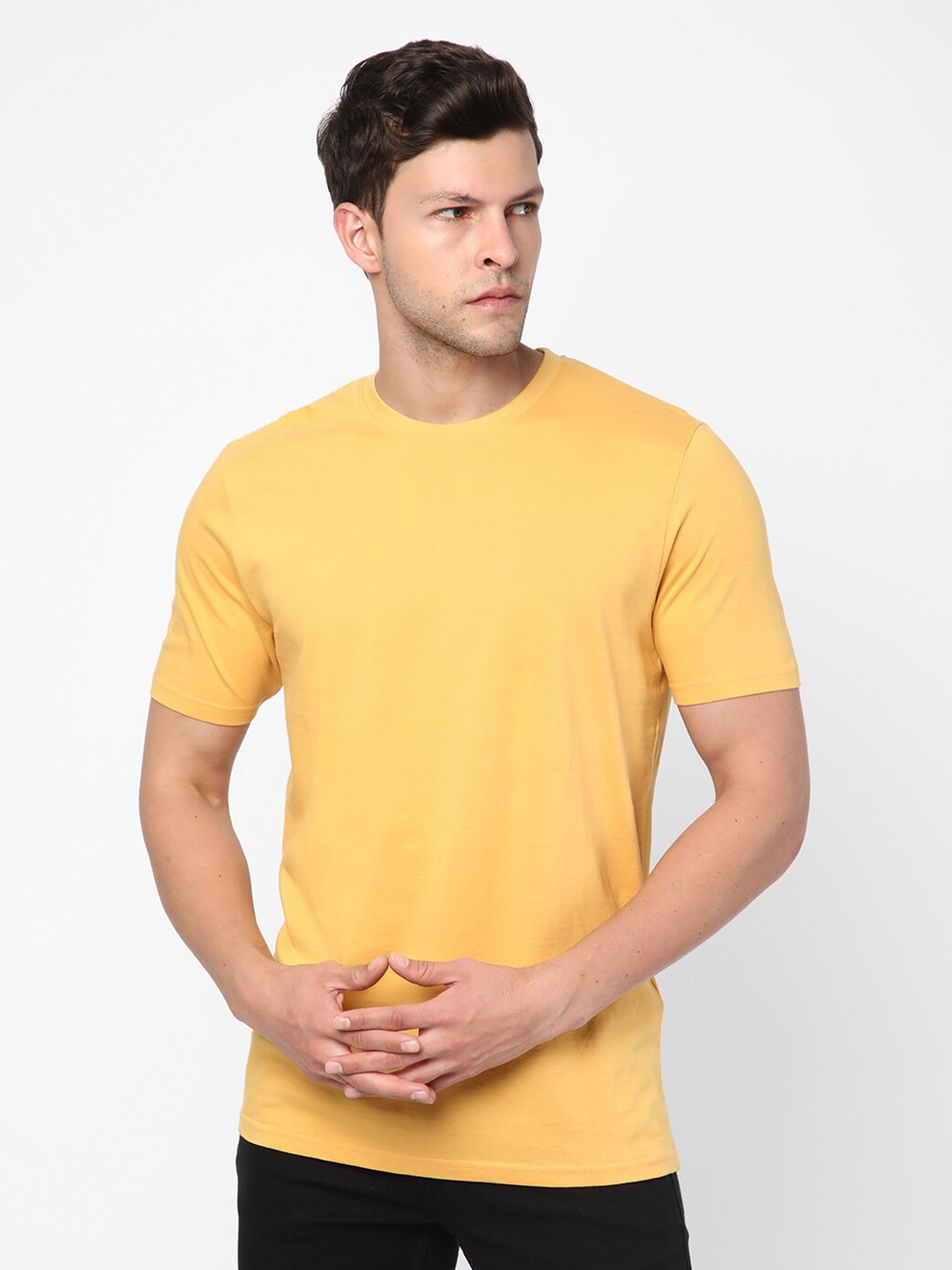 

R&B Men Round Neck Cotton T-shirt, Yellow