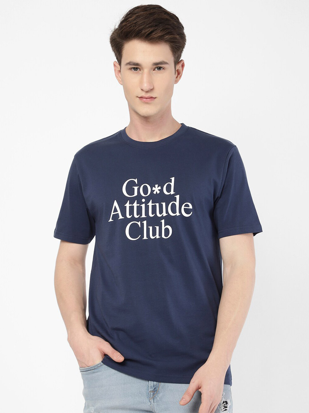 

R&B Round Neck Typography Printed Cotton T-shirt, Blue