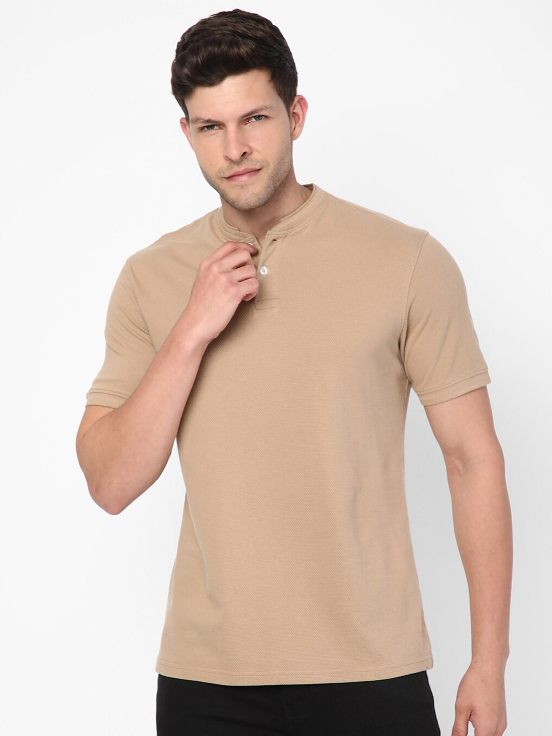 

R&B Mandarin Collar Slim Fit Cotton T-shirt, Beige