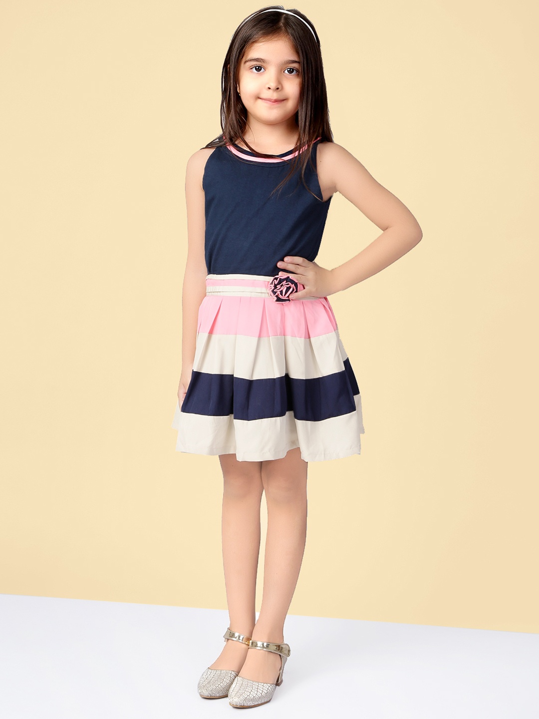 

Naughty Ninos Girls Navy Blue Striped Fit and Flare Dress