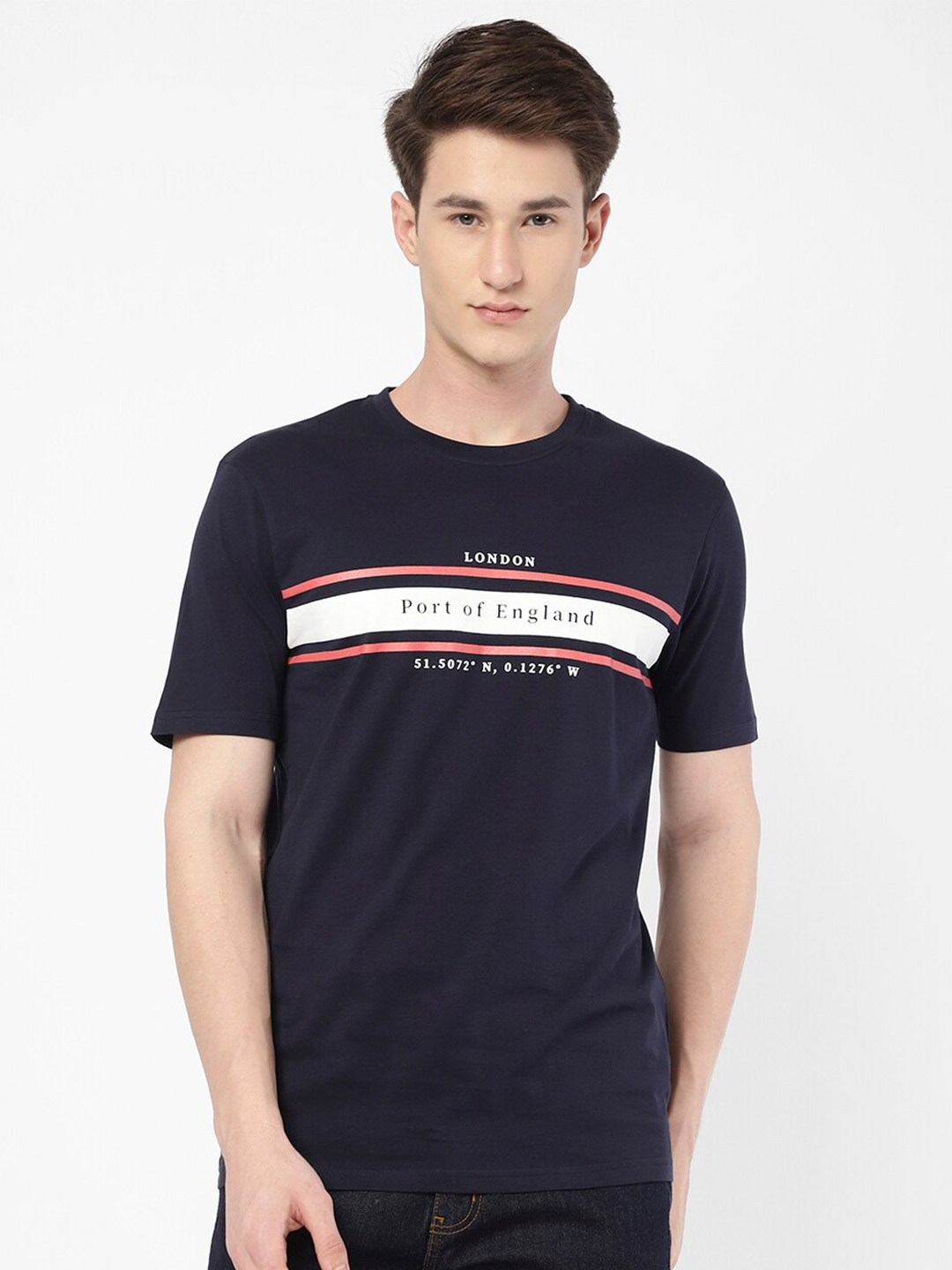 

R&B Striped Round Neck Cotton T-shirt, Blue