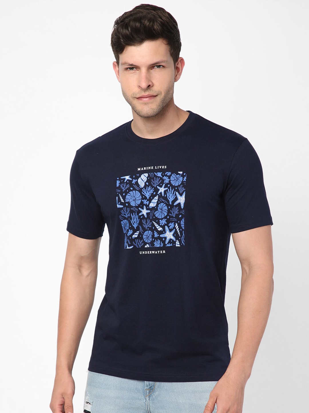 

R&B Nautical Printed Short Sleeve Cotton T-shirt, Navy blue