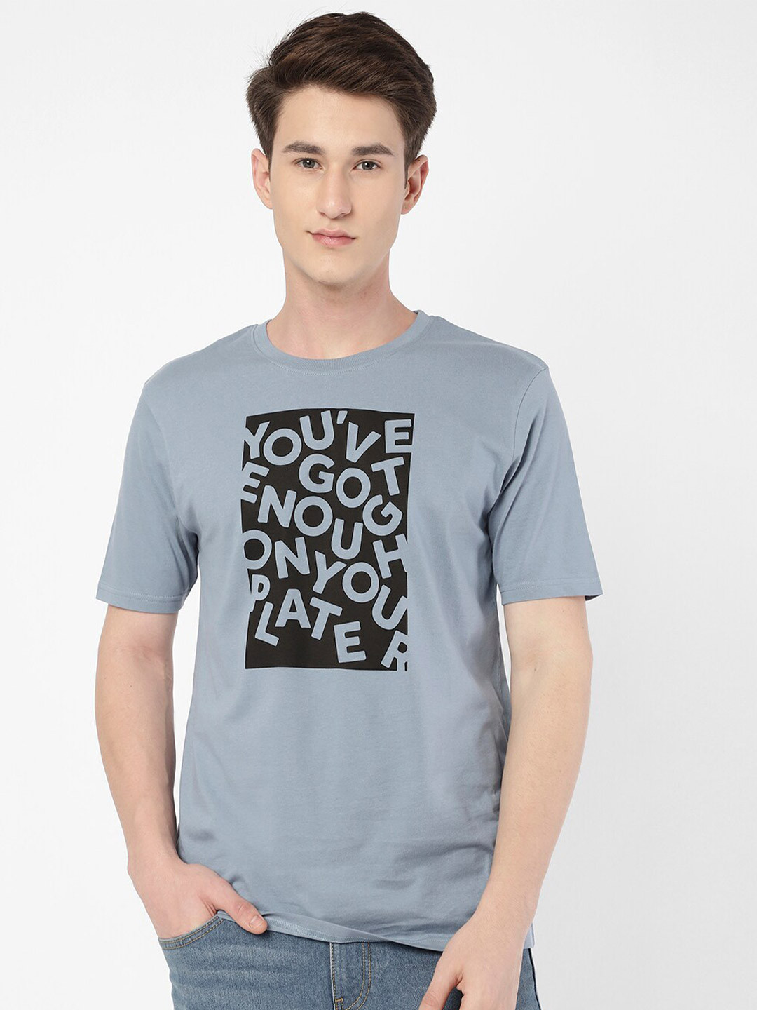 

R&B Typography Printed Cotton T-shirt, Blue
