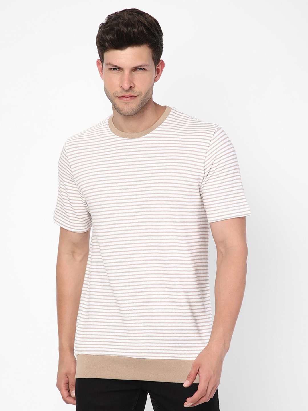 

R&B Striped Round Neck Cotton T-shirt, Beige