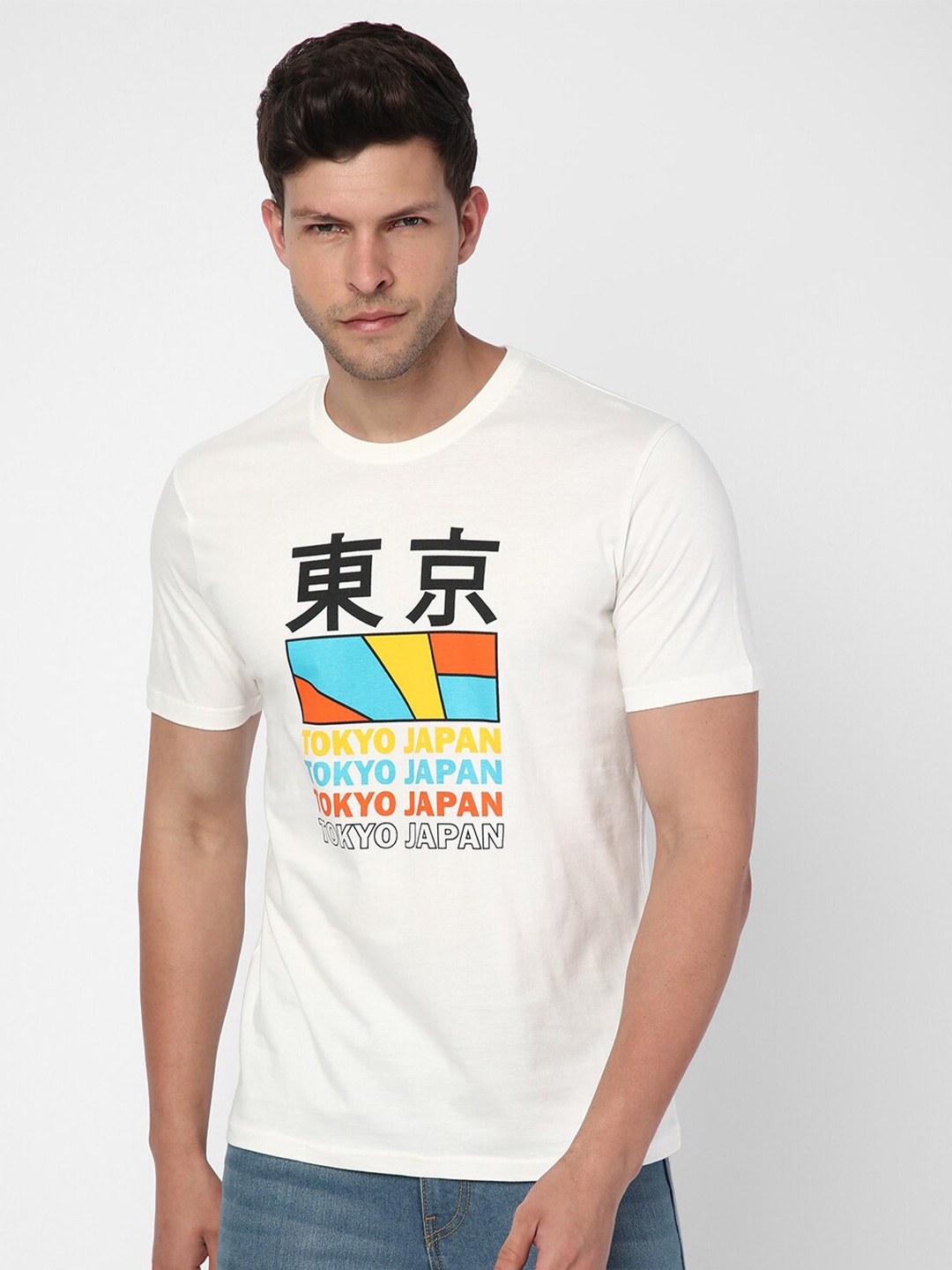 

R&B Typography Printed Round Neck Cotton T-shirt, White