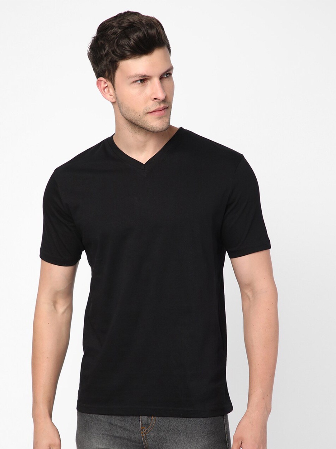 

R&B V-Neck Short Sleeves Cotton T-shirt, Black