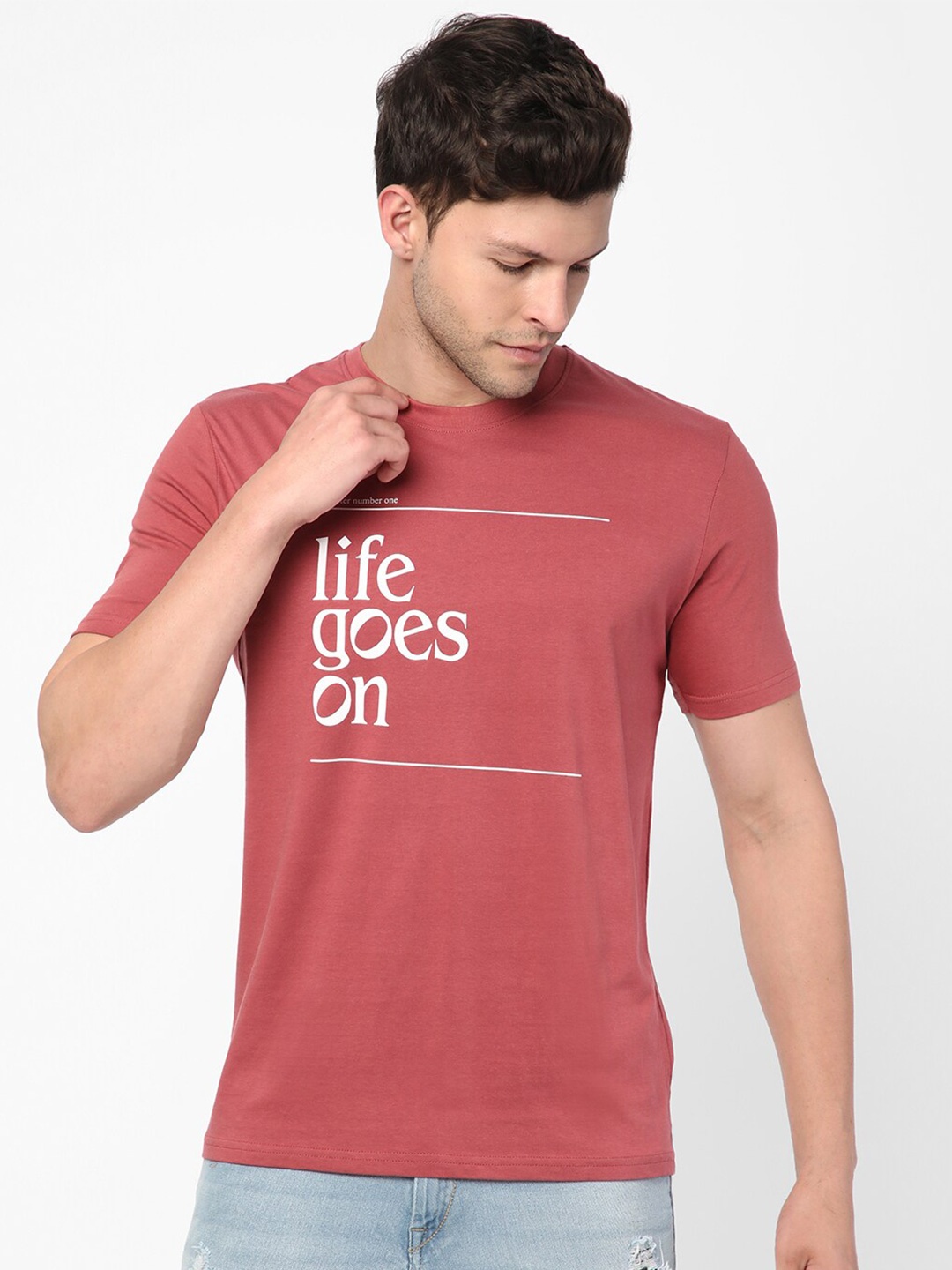 

R&B Typography Printed Round Neck Cotton T-shirt, Pink