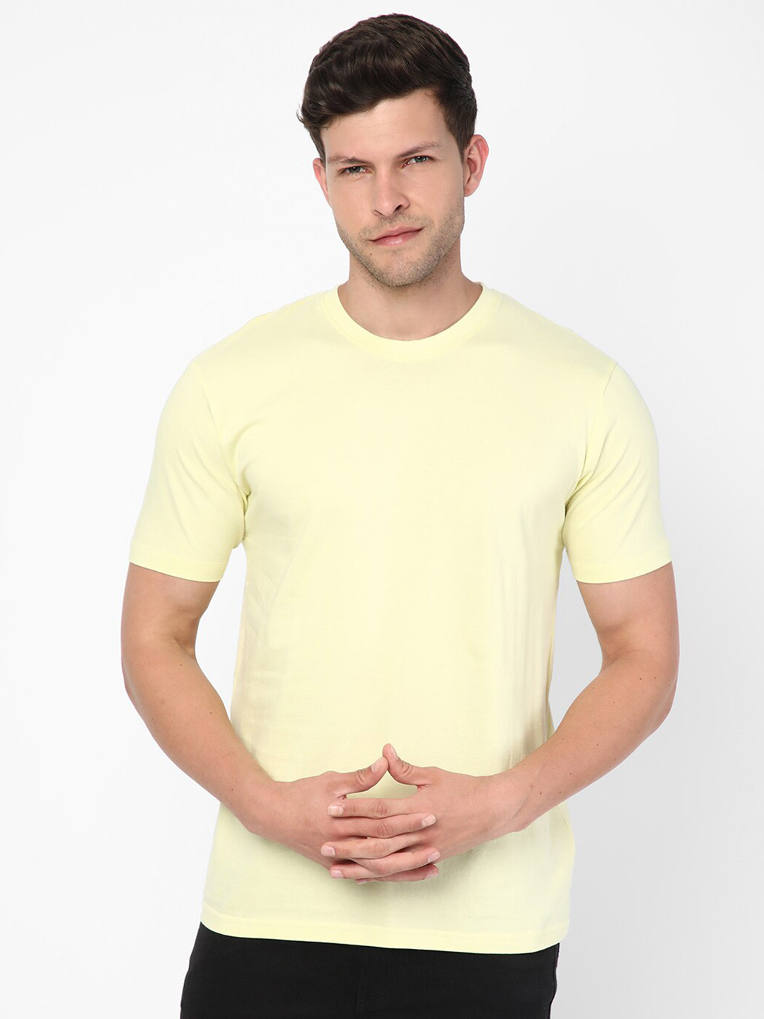 

R&B Round Neck Short Sleeves Cotton T-shirt, Yellow