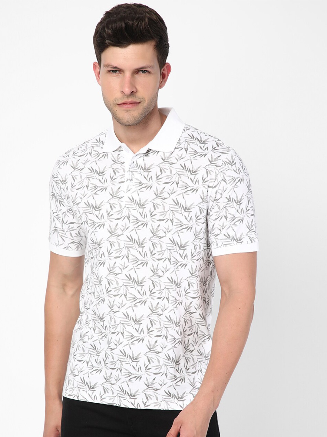 

R&B Tropical Printed Polo Collar Cotton T-shirt, White