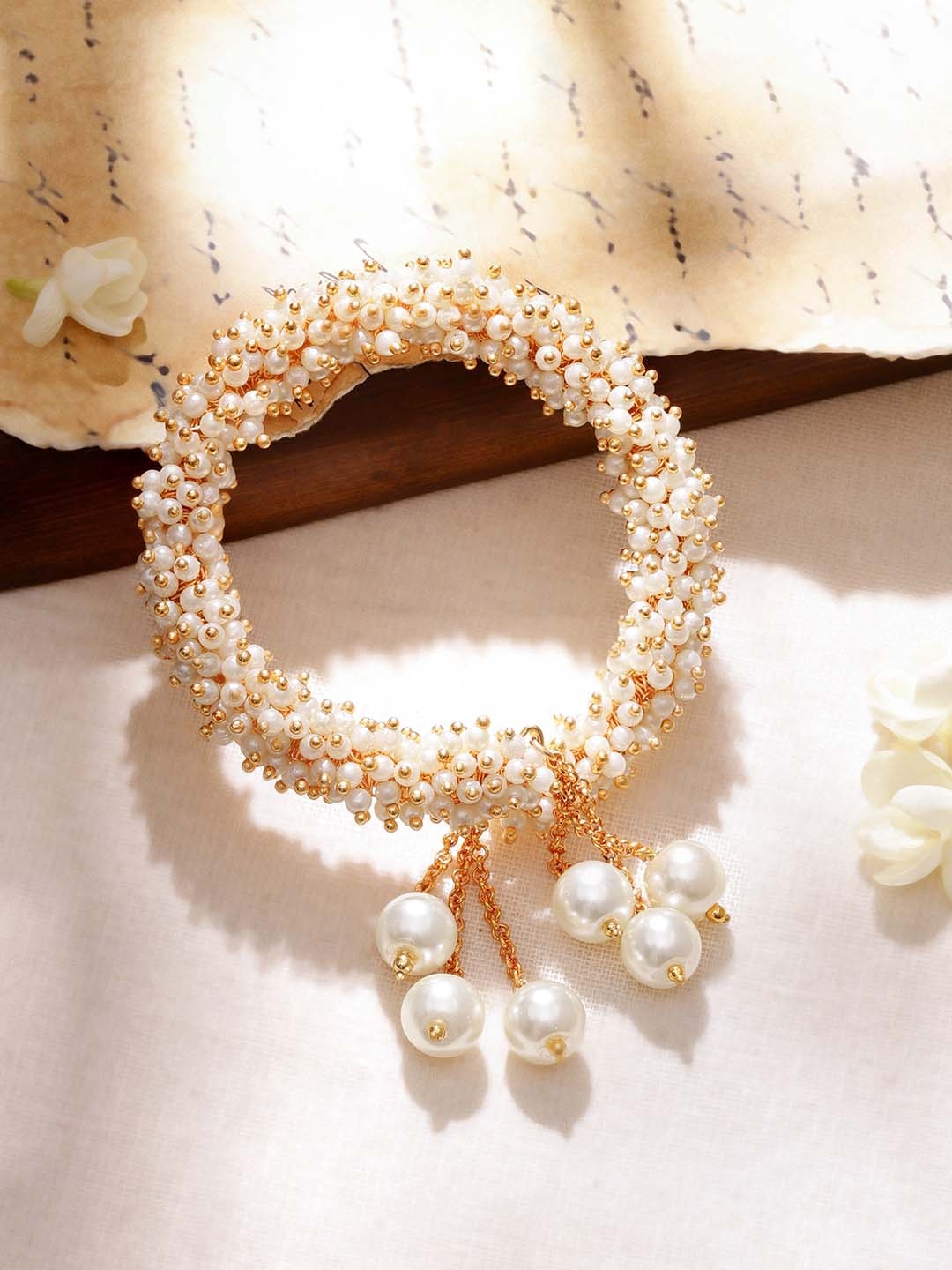

Rubans Gold-Plated Beaded Kada Bracelet, White