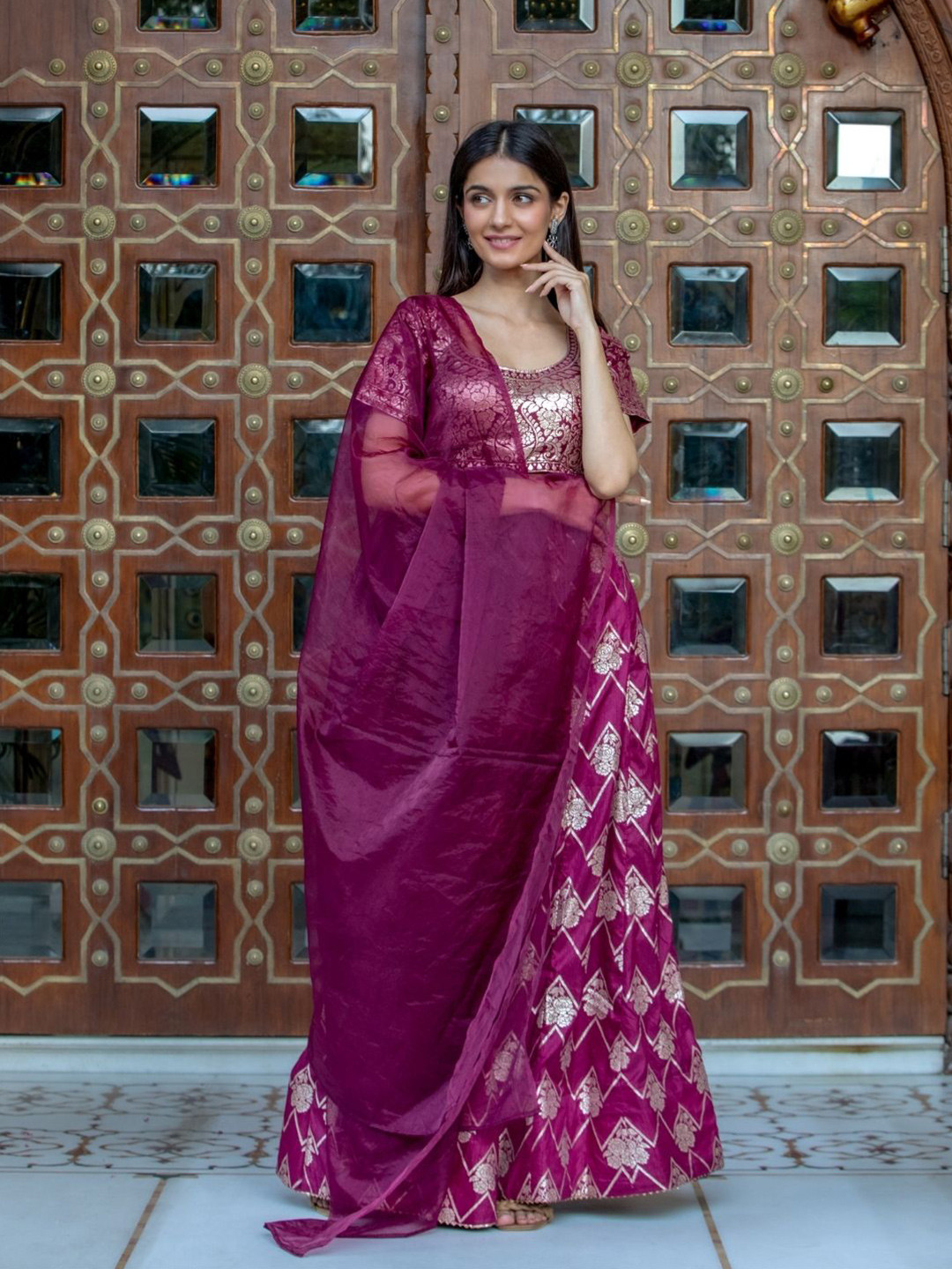 

HOUSE OF JAMOTI Ethnic Motifs Printed Ready to Wear Lehenga & Blouse With Dupatta, Burgundy