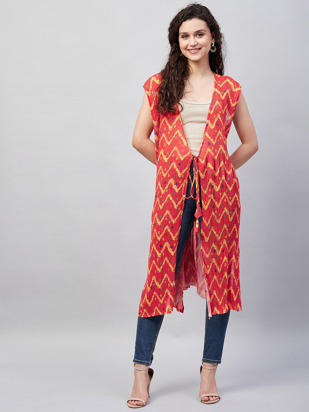 

InWeave Women Printed Longline Tie-Up Shrug, Orange