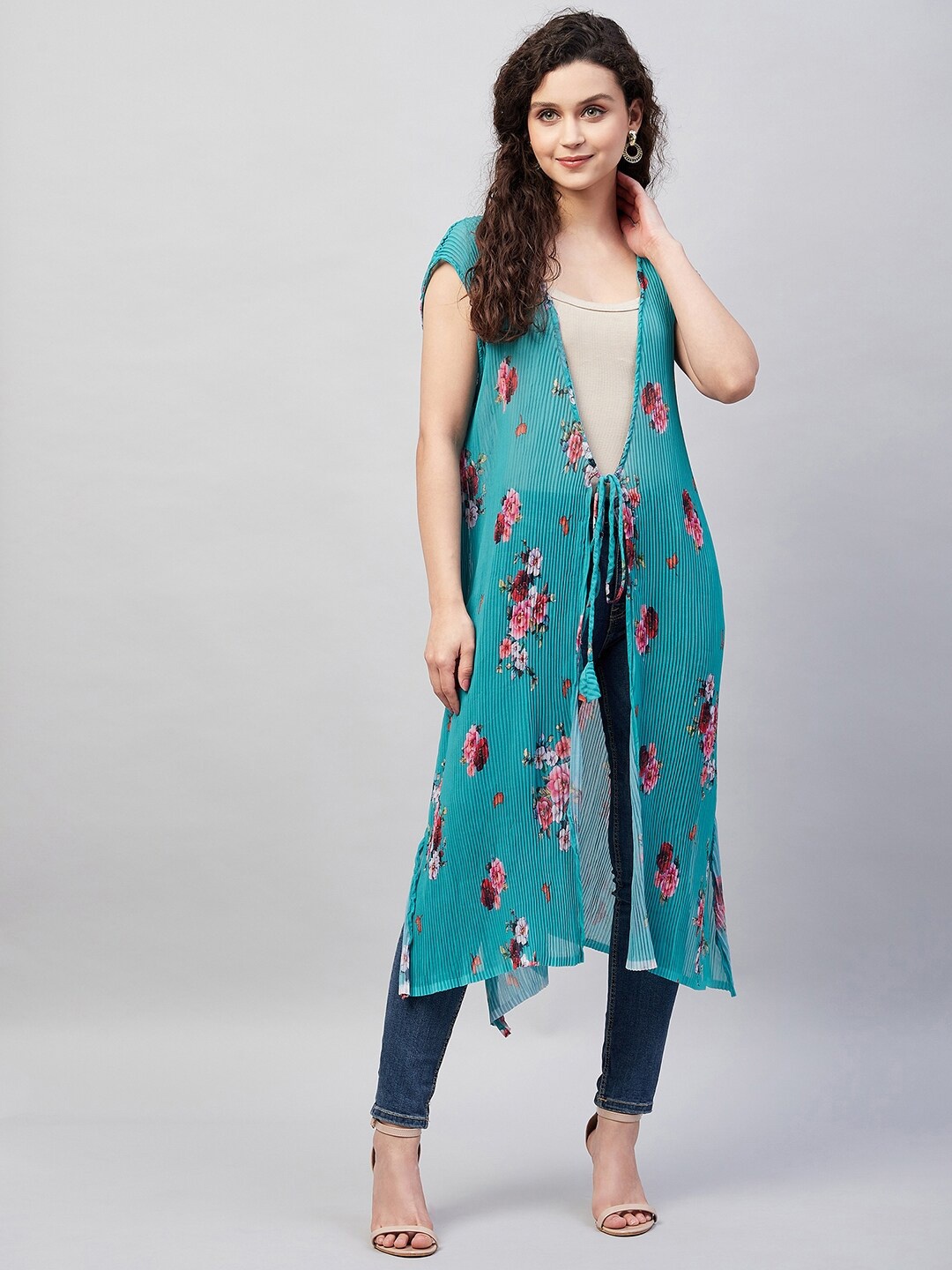 

InWeave Women Floral Printed Longline Shrug, Blue